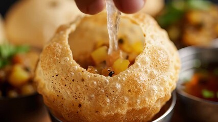 Closeup shot of a delicious Indian street food Pani Puri being meticulously prepared with a hand adding flavorful and tangy filling into the crispy hollow puri showcasing the vibrant and popular snac.