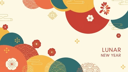 A vibrant Lunar New Year celebration with colorful circles and flowers in a festive design