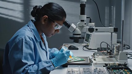 Closeup of a skilled engineer in blue protective gloves meticulously applying specialized liquid adhesive with a precision syringe onto a complex green printed circuit board highlighting intricate mi.