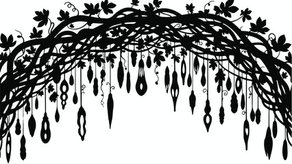 Whimsical silhouette of entwined vines with dangling seed pods against a white background, evoking nature's abstract beauty.