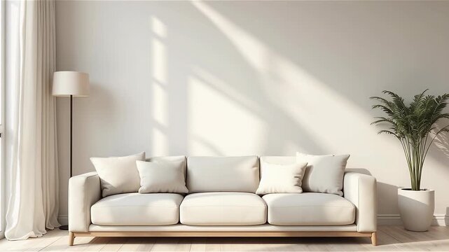 Modern Minimal clean clear contemporary living room home interior design daylight background,beige white sofa couch in living room daylight from window freshness moment mock up interior