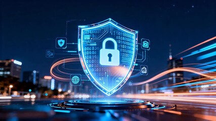 Digital security shield with cityscape - Powered by Adobe