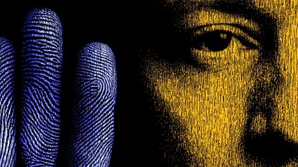 Digital Fingerprint: An arresting close-up reveals a fusion of technology and identity, juxtaposing fingerprint patterns with a stylized portrait.
