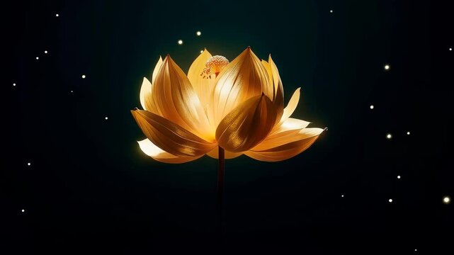 Golden lotus flower blooming in darkness with soft dramatic lighting and isolated background. Concept of purity and spiritual growth