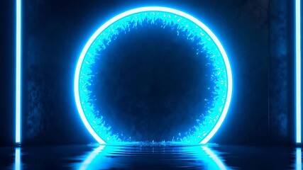 Blue neon circle and lines on dark surface