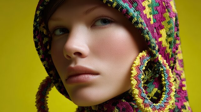 Fashion Forward: A striking portrait of a person adorns vibrant knitted garments, radiating confidence. Capturing a moment of style.