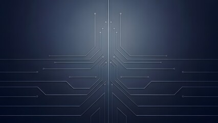 Abstract Dark Blue Technology Background with Circuit Board Lines and Central Light Glow.