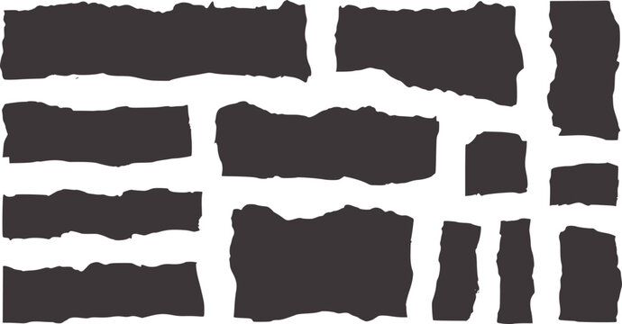 Collection of irregular black torn paper strips white