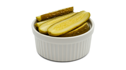 A bowl of pickles sits on a white background
