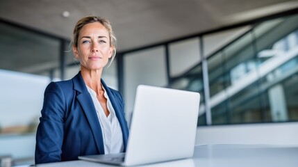 Mature professional finance executive woman, middle aged businesswoman manager standing at modern office desk working on laptop computer. Female corporate leader 40s looking at camera. Banner.