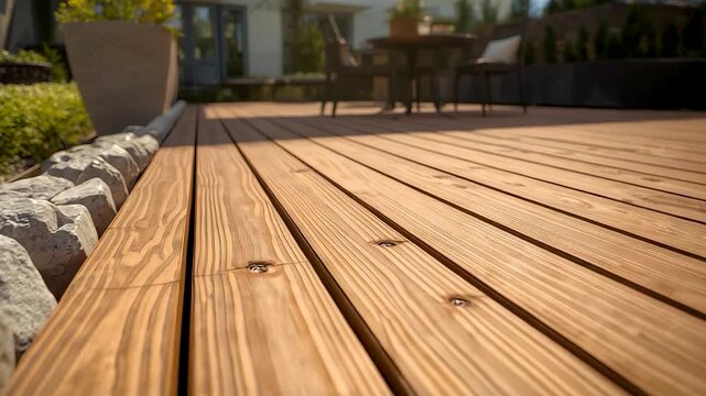 Wooden Deck Flooring Terrace Patio Brown Planks Outdoor Garden Backyard Sunny Day Natural Texture Surface