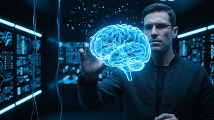 Scientist interacts with holographic brain in futuristic server room. Man with glasses touches brain hologram in data center. Holographic brain glows near scientist in server room. Futuristic server - Powered by Adobe