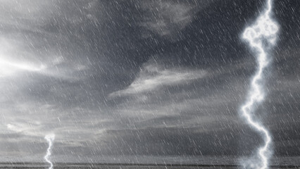 Dramatic scene featuring a dark and stormy sky filled with heavy rain and bright lightning strikes