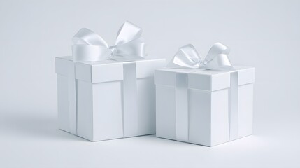 Two Minimalist White Gift Boxes with Satin Ribbons. Luxury Packaging Mockup on a Clean Background.