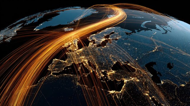 Global Connectivity and Network: A digital tapestry of illuminated lines weaves across a detailed globe, representing the intricate network of global connections, the flows of information and ideas. - Powered by Adobe