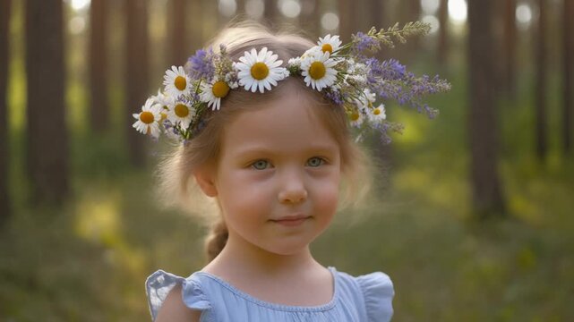 little damsel standing in sunlit forest while mother decorates her head with wildflower bouquet