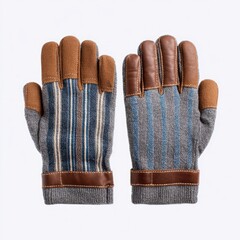 A pair of gloves with brown leather accents on the fingers and wrist straps, and striped grey fabric for the body