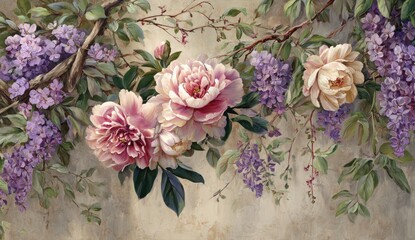 A pastel-hued floral painting, displaying blooms in varying stages of open. The arrangement drapes across a textured, neutral background
