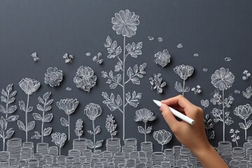 A person sketches flower growth with a white pencil atop stacked coin illustrations on a dark surface, symbolizing investment