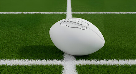A white rugby ball rests on a green playing field at the intersection of white lines. A high-quality, 3D rendered image of a sports equipment item positioned at a field line.
