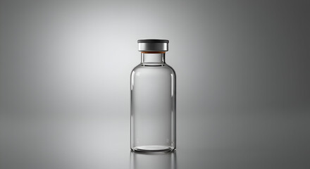 Clear glass bottle with black cap and cork top. Empty bottle on gray background. Generic product for packaging design or pharmaceutical use. studio shot.