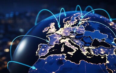 High-tech digital communication network and data flow over the european continent