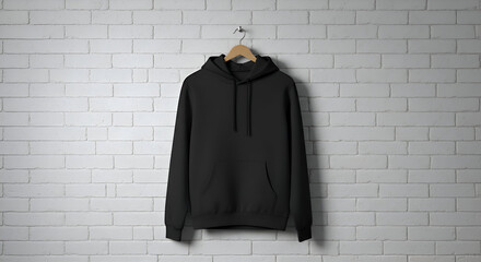 Blank black hoodie hanging on a wooden hanger against a white brick wall. Stylish, versatile garment displayed for design inspiration or mockup purposes.