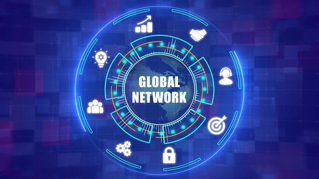Global Network Expansion and Worldwide Digital Telecommunication Concept with Satellite Connection Symbols and Rotating Earth HUD - 4K