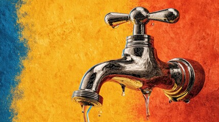 Water Tap: A chrome water tap with water drops, a visual representation of water conservation and essential resource on colorful wall.