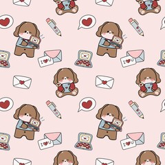 Cute Valentine Dogs Using Smartphone and Laptop Checking Love Message Notification Seamless Pattern