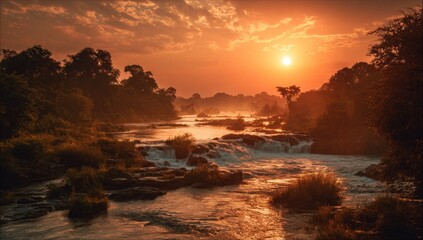 A scenic sunset paints the sky with warm hues as the river cascades over rocks and flows through a lush, forested landscape