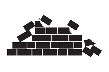Broken brick wall. Falling bricks illustration. Destruction symbol. Crumbling wall icon. Brick Wall Icon Set. Flat Black Vector of Brick Patterns. EPS 10.