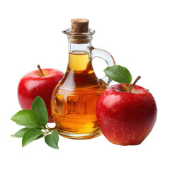 Red apples and glass bottle of apple cider vinegar with cork stopper fruit food, Isolated On Black Background, Png Transparent Background, Cut Out
