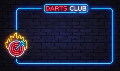 Bright neon vector frame with dartboard and arrow symbol. Perfect for pub interiors, tournament announcements, and game club advertising.