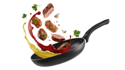  A pan of food is being cooked with a splash of sauce