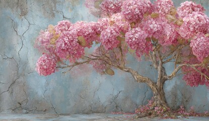 A serene image showcasing a vibrant tree with abundant pink blooms, set against a weathered, textured wall. The scene evokes a tranquil ambiance
