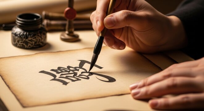 A person's hands meticulously writing traditional Chinese calligraphy with a brush and ink on aged parchment paper.