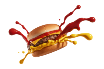 A hamburger with ketchup and mustard is splattered with red and yellow paint