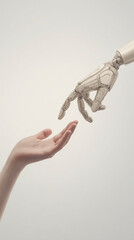 Artificial Limb Connecting With Human Hand, Machine Appendage Gently Touches Human Palm With Hope