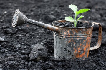 A rusty watering can holds a small green plant, set against a backdrop of dark soil, symbolizing growth and nurturing in gardening.