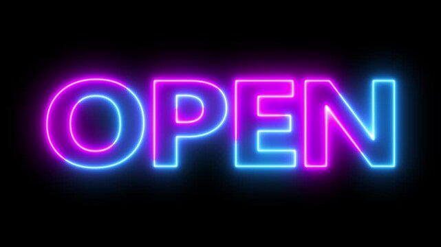 Neon open sign. Neon open now Animated, neon effect, 4K Video motion Animation, pink glowing open sign illuminated on black background