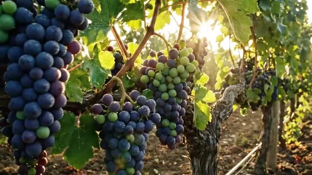 Closeup of ripe and unripe grapes hanging on the vine in a vineyard during golden hour sunlight