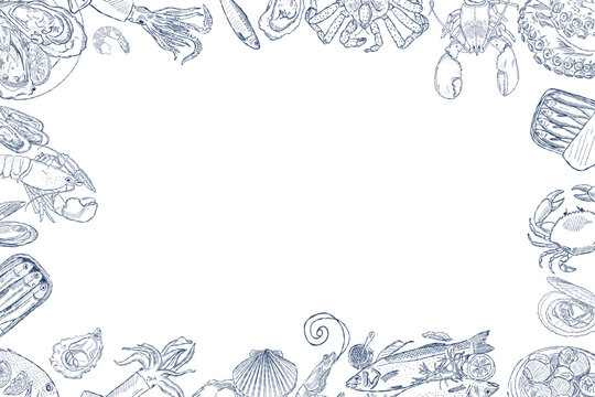 Seafood border frame with hand drawn marine food sketches in blue ink