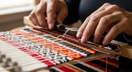 Close-up of hands meticulously weaving a vibrant, patterned textile on a traditional loom, showcasing the intricate craft of fabric creation.