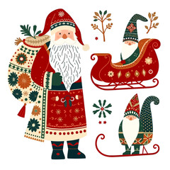 Santa Claus and Elf on Sled Illustration
