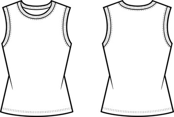 Sleeveless women’s top technical flat sketch, front and back view, fashion garment construction vector, round neckline apparel design for pattern making