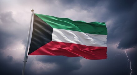Kuwaiti flag waving proudly against a dark, stormy sky with lightning, symbolizing resilience and national identity.