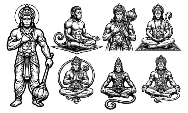 Collection of Lord Hanuman Illustrations in Meditative Yoga Poses and Standing Devotional Stances Featuring Detailed Line Art and Symbolic Iconography.