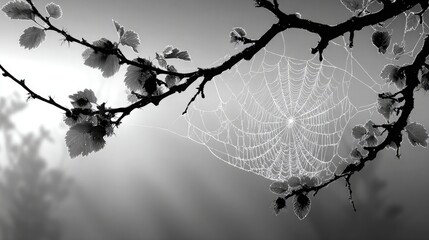 Spider web with morning dew silhouette, elegant clean vector ideal for fall, patience, and intricate nature illustrations.
