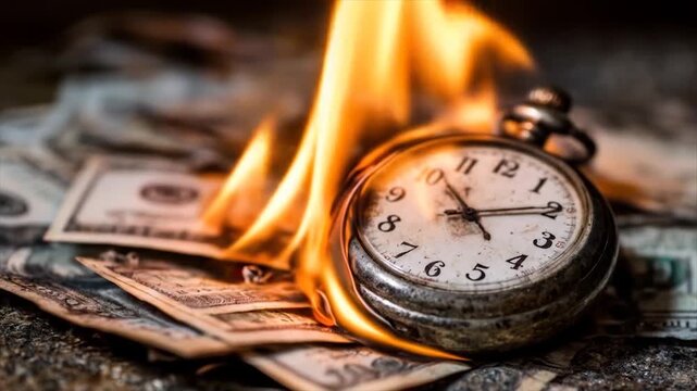 Burning money and vintage pocket watch symbolizing time and finance